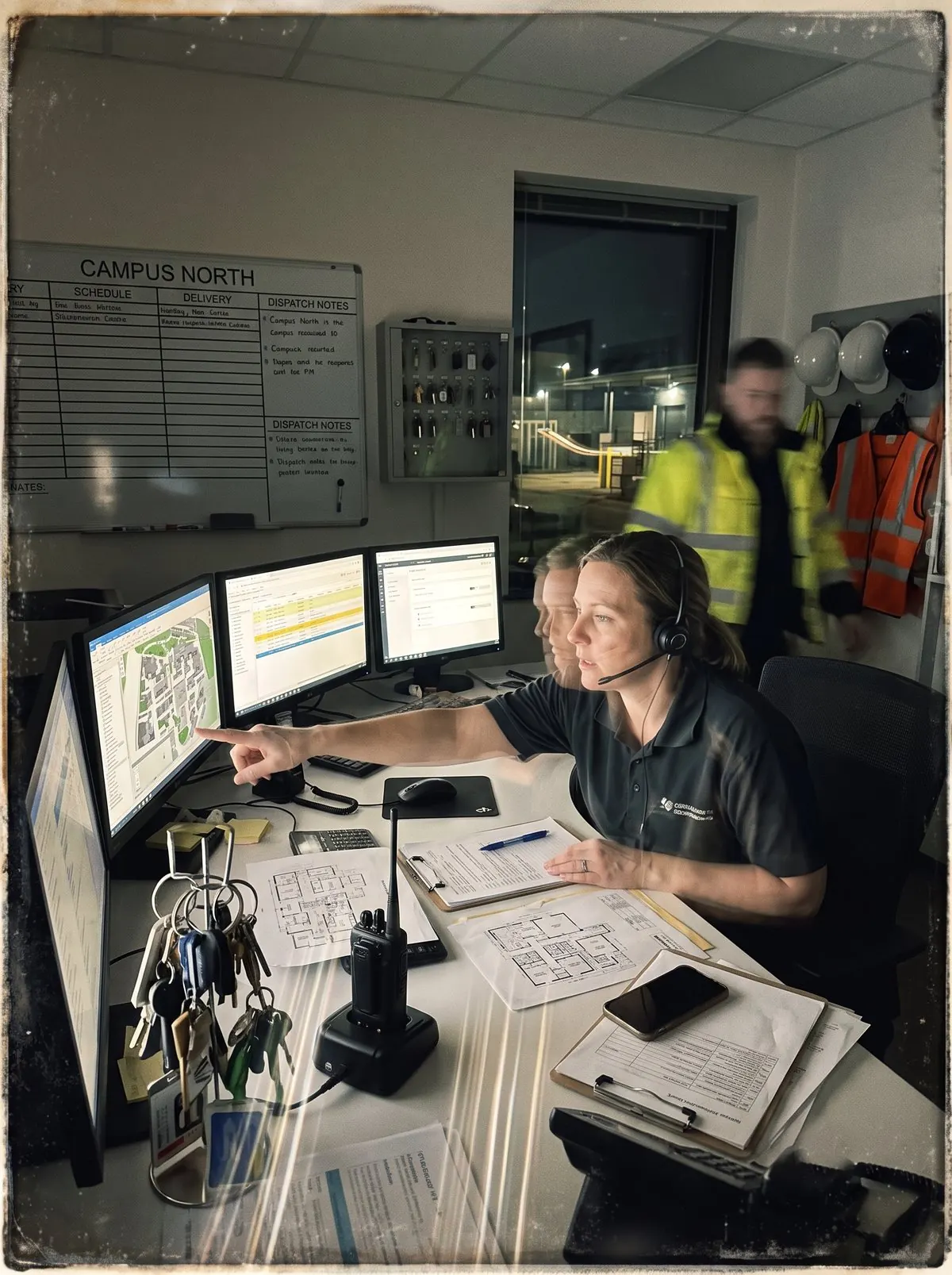 A dispatcher with a headset pointing at a campus map in a facility control room at night, while a technician in a hi-vis jacket hurries past