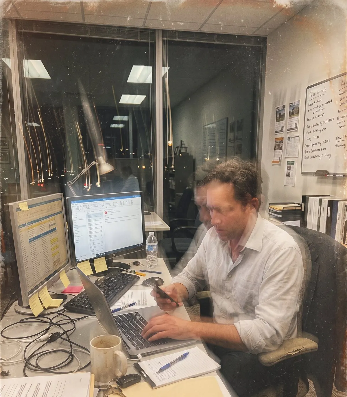 A broker still at his desk late in the evening, answering a call between two screens of open inquiries
