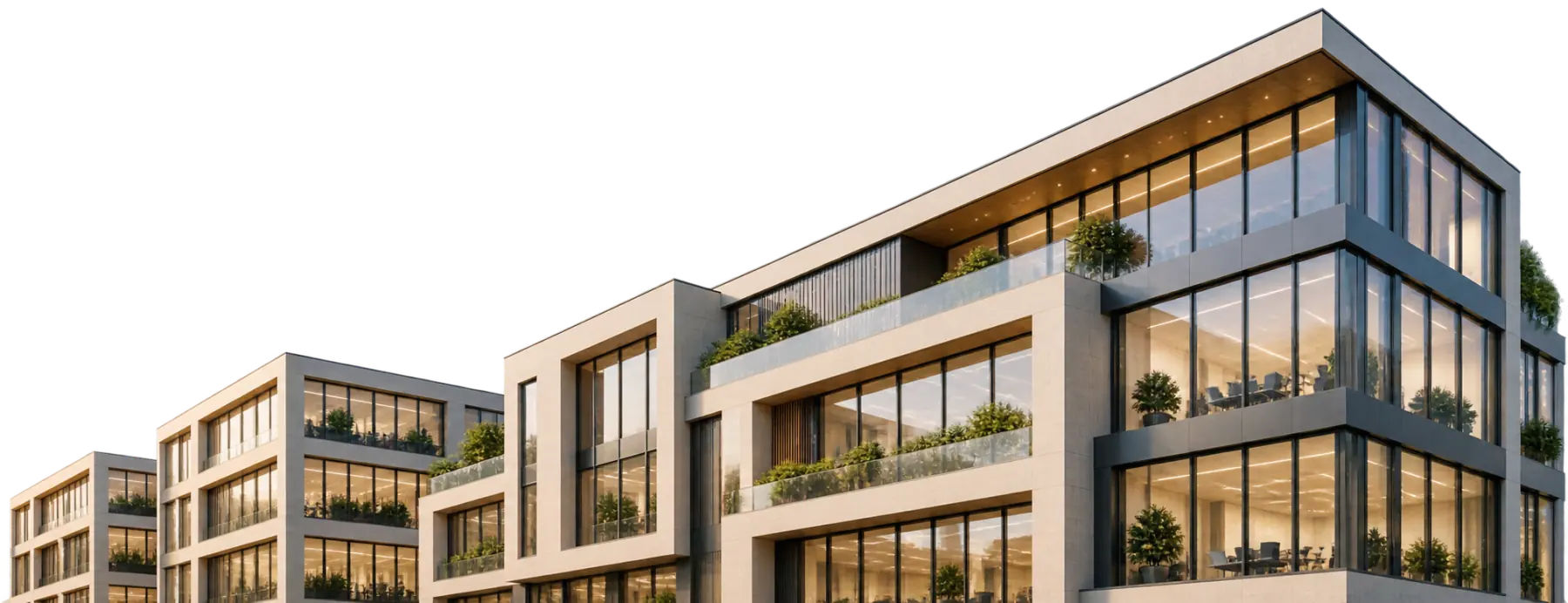 Modern office buildings with planted terraces