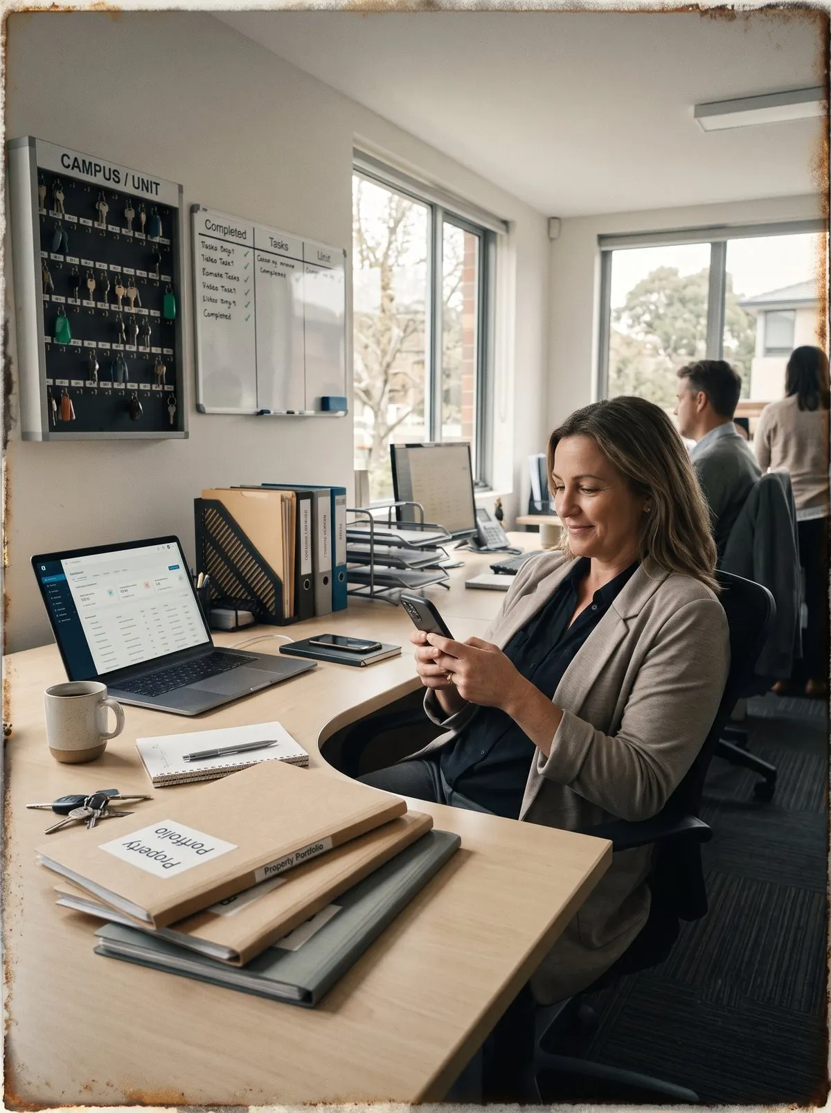 A relaxed property manager smiling at her phone in a calm, sunlit office, with the property portfolio folders closed on her desk