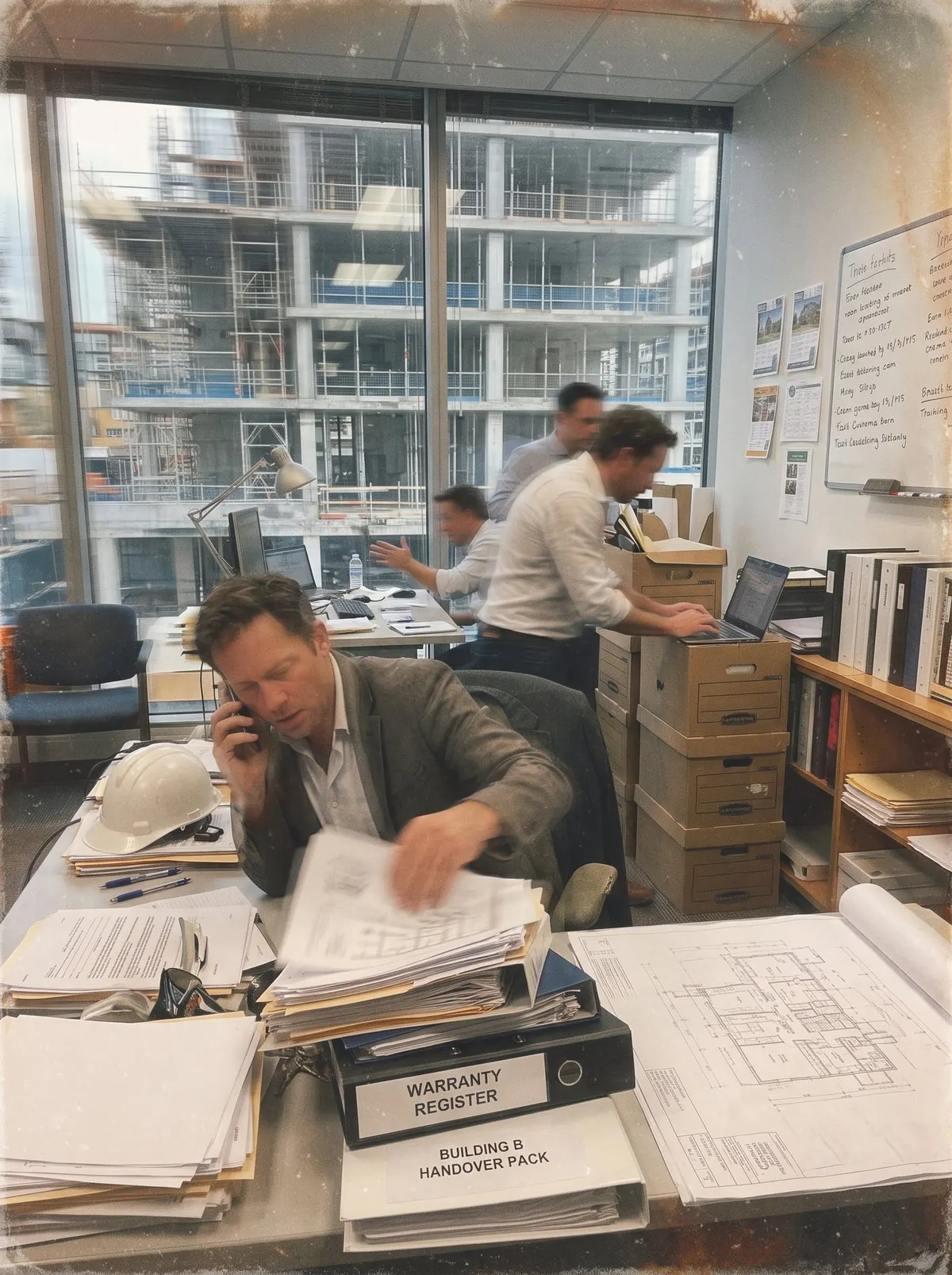 A developer on the phone sorting a Building B handover pack and warranty register, while colleagues rush behind him with a construction site outside